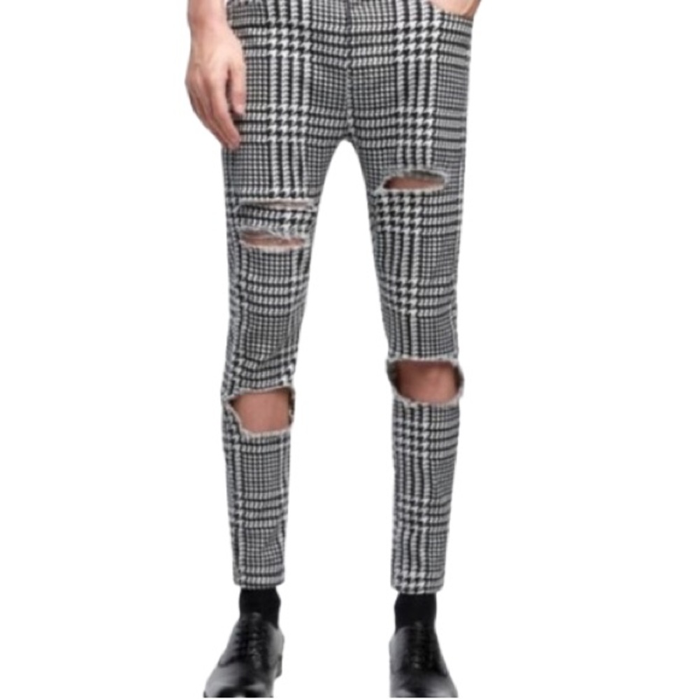 Zara Man Rare Ripped Leg Black & White Skinny Houndstooth Trousers Size 29